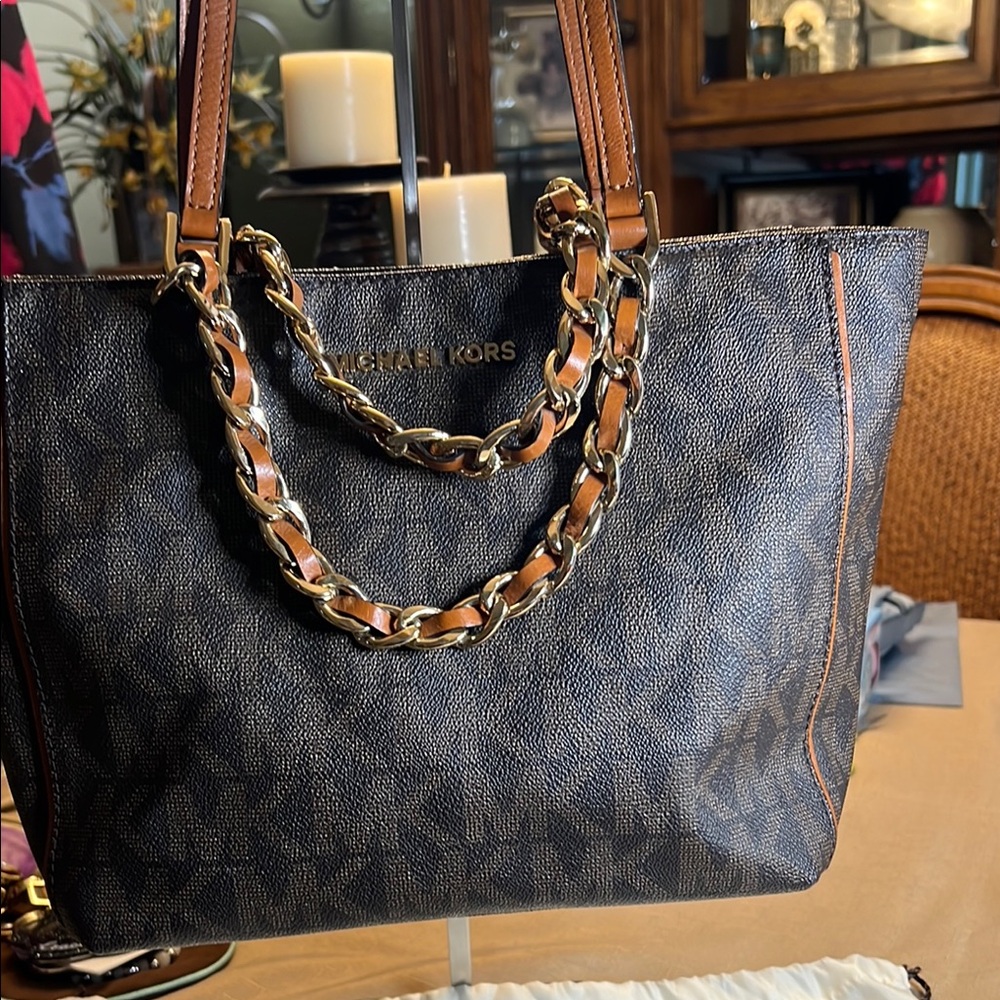Michael Kors Black and Tan Tote with Chain Straps